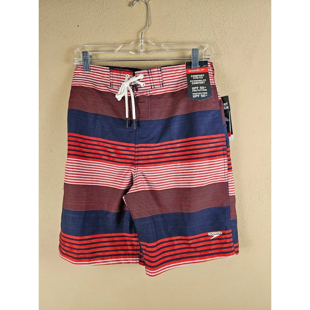 NWT Speedo Mens Red White Blue Striped Swim Trunks‎ Board Shorts Small